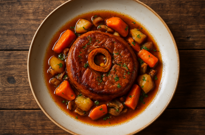 Rouelle de porc mijotée dans une cocotte avec légumes et bouillon