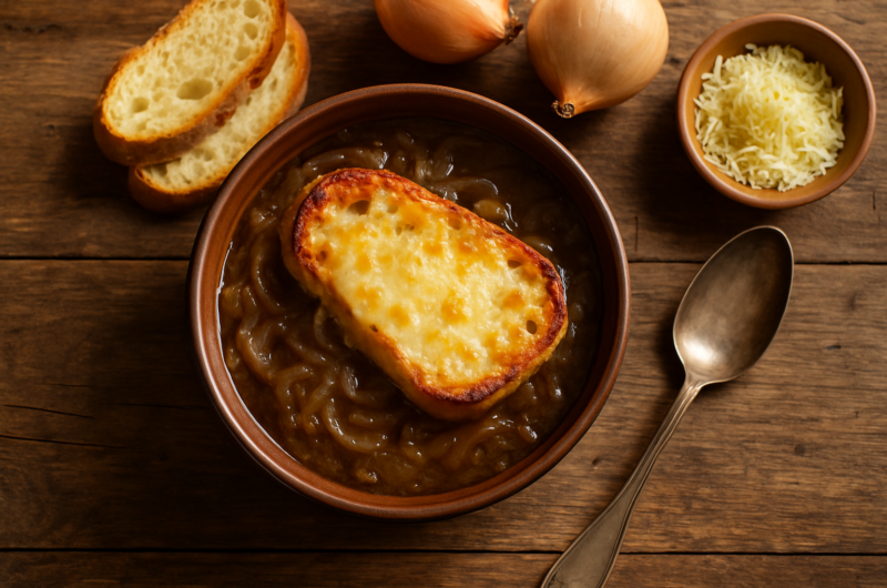 Bol de soupe à l'oignon gratinée avec croûtons et fromage fondu