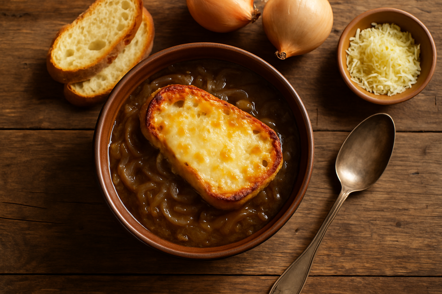 Bol de soupe à l'oignon gratinée avec croûtons et fromage fondu