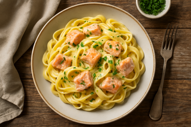 Assiette de tagliatelles au saumon fumé et crème fraîche avec aneth frais
