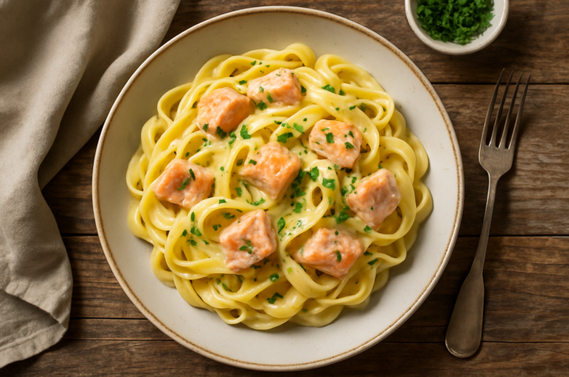 Assiette de tagliatelles au saumon fumé et crème fraîche avec aneth frais