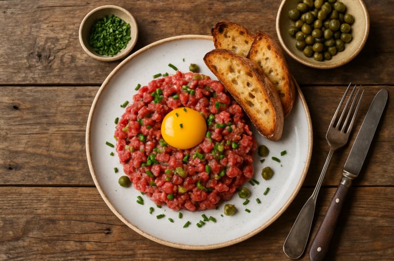 Tartare de bœuf dressé en cercle avec câpres, jaune d'œuf et herbes fraîches
