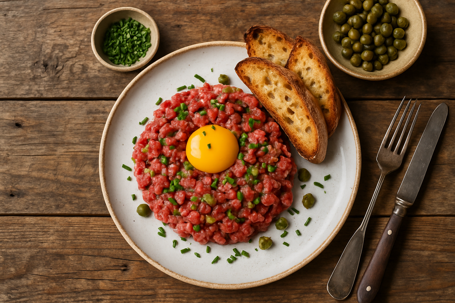 Tartare de bœuf dressé en cercle avec câpres, jaune d'œuf et herbes fraîches