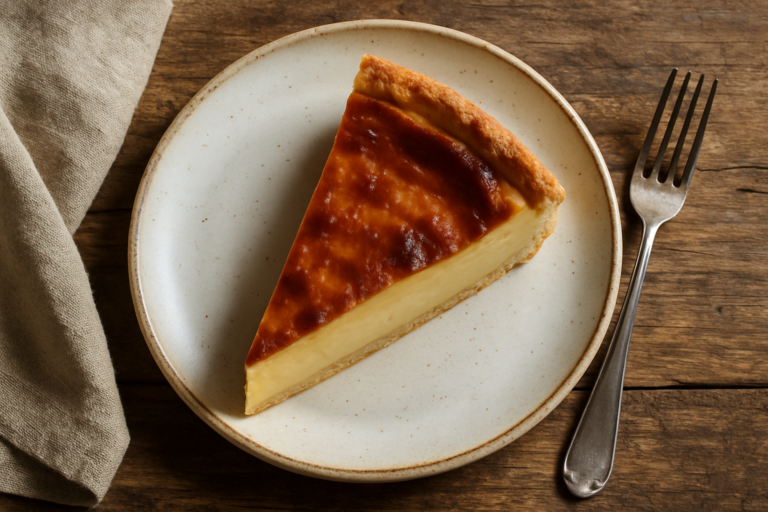 Tarte au flan pâtissier tranchée avec intérieur crémeux et dessus légèrement caramélisé
