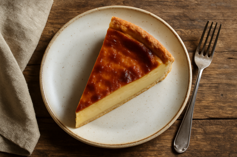 Tarte au flan pâtissier tranchée avec intérieur crémeux et dessus légèrement caramélisé