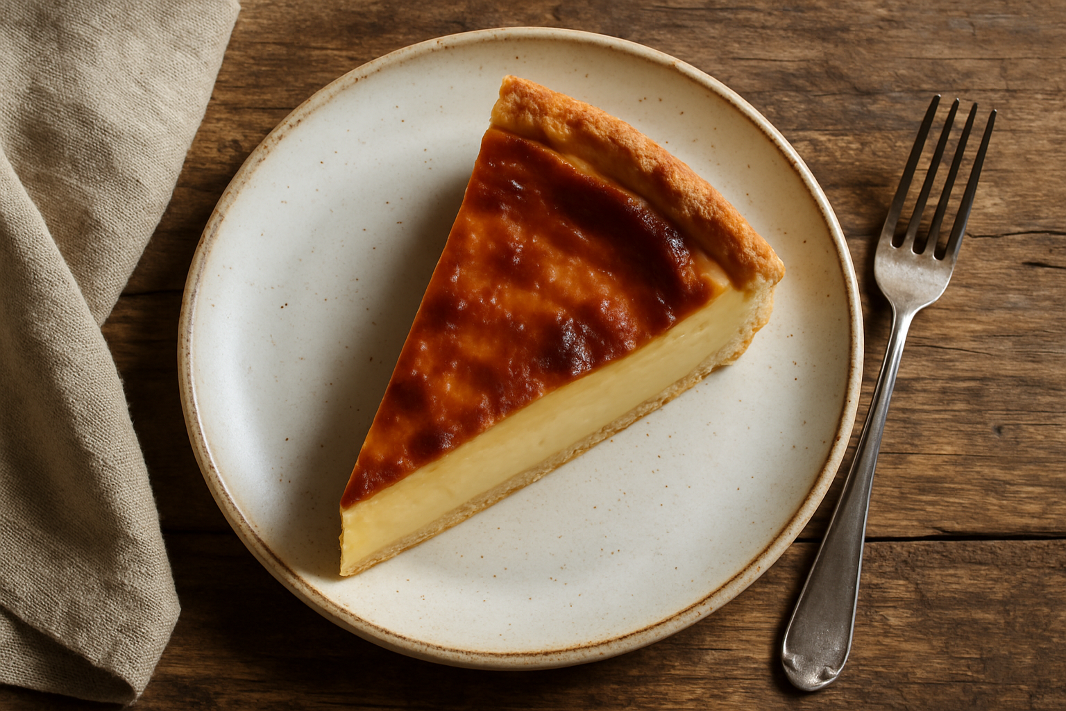 Tarte au flan pâtissier tranchée avec intérieur crémeux et dessus légèrement caramélisé