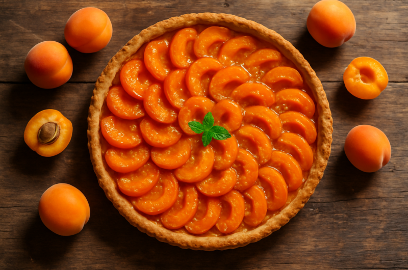 Tarte aux abricots dorée avec moitiés d'abricots caramélisés sur pâte croustillante