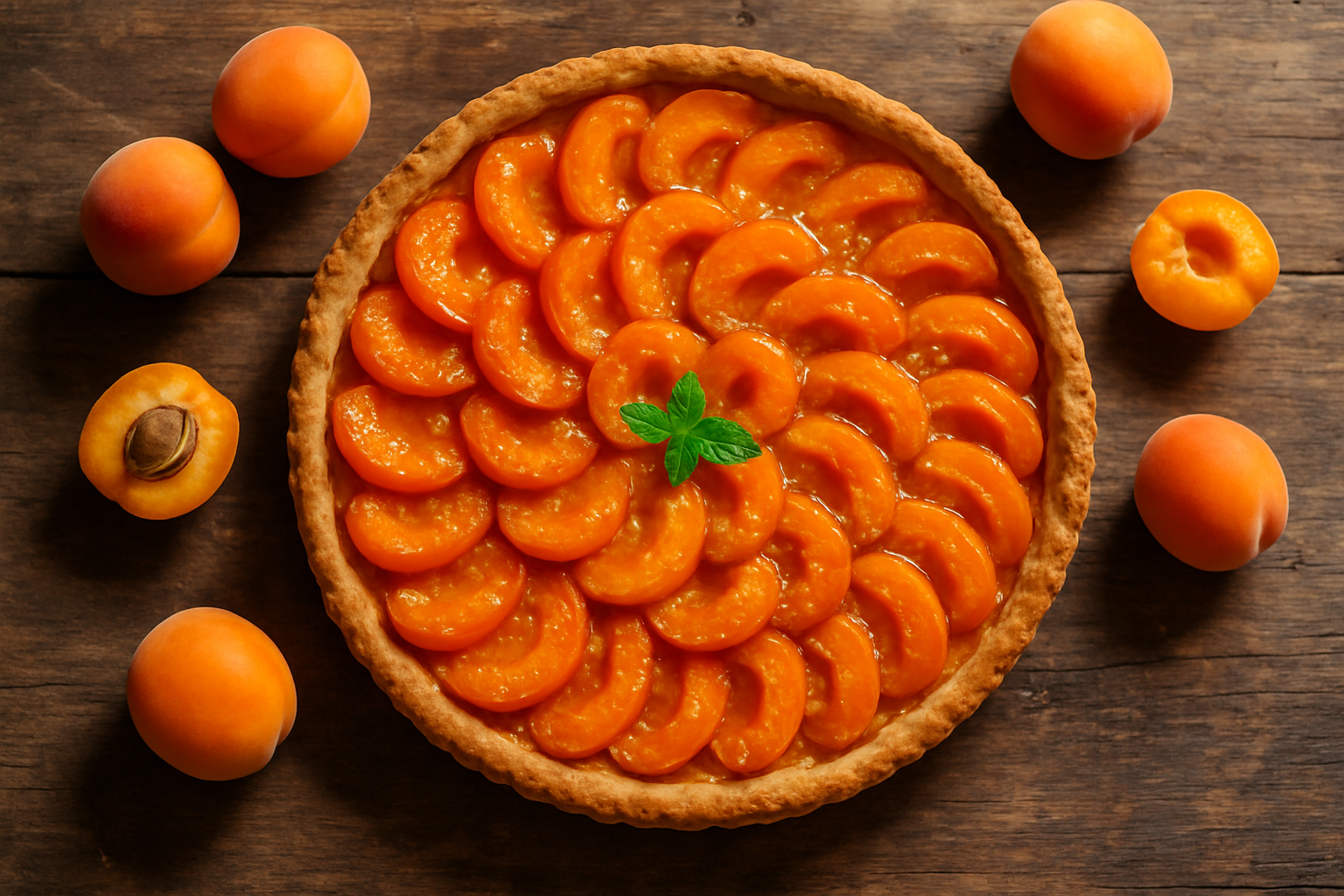 Tarte aux abricots dorée avec moitiés d'abricots caramélisés sur pâte croustillante