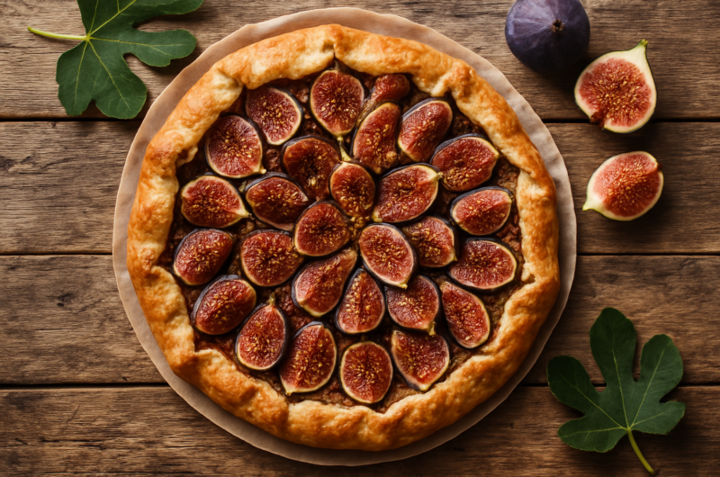 Tarte aux figues fraîches avec amandes et miel sur fond de pâte dorée