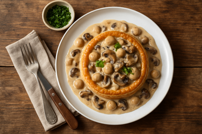 Vol-au-vent garni de poulet et champignons dans une sauce crémeuse sur une assiette