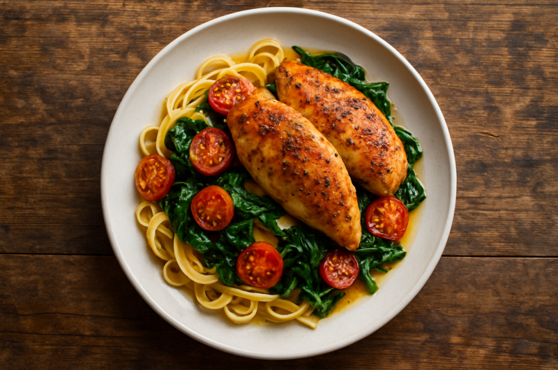 Plan de travail avec ingrédients simples et plat cuisiné en moins de 30 minutes