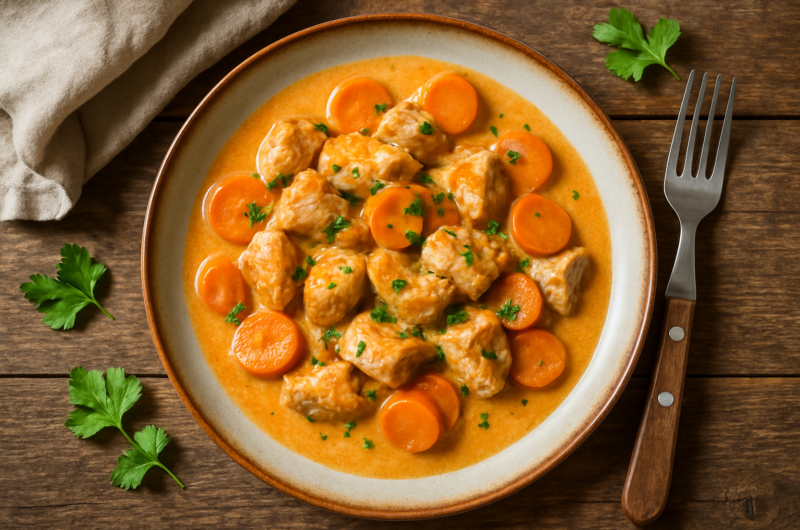Sauté de dinde en sauce crémeuse avec champignons dans une cocotte